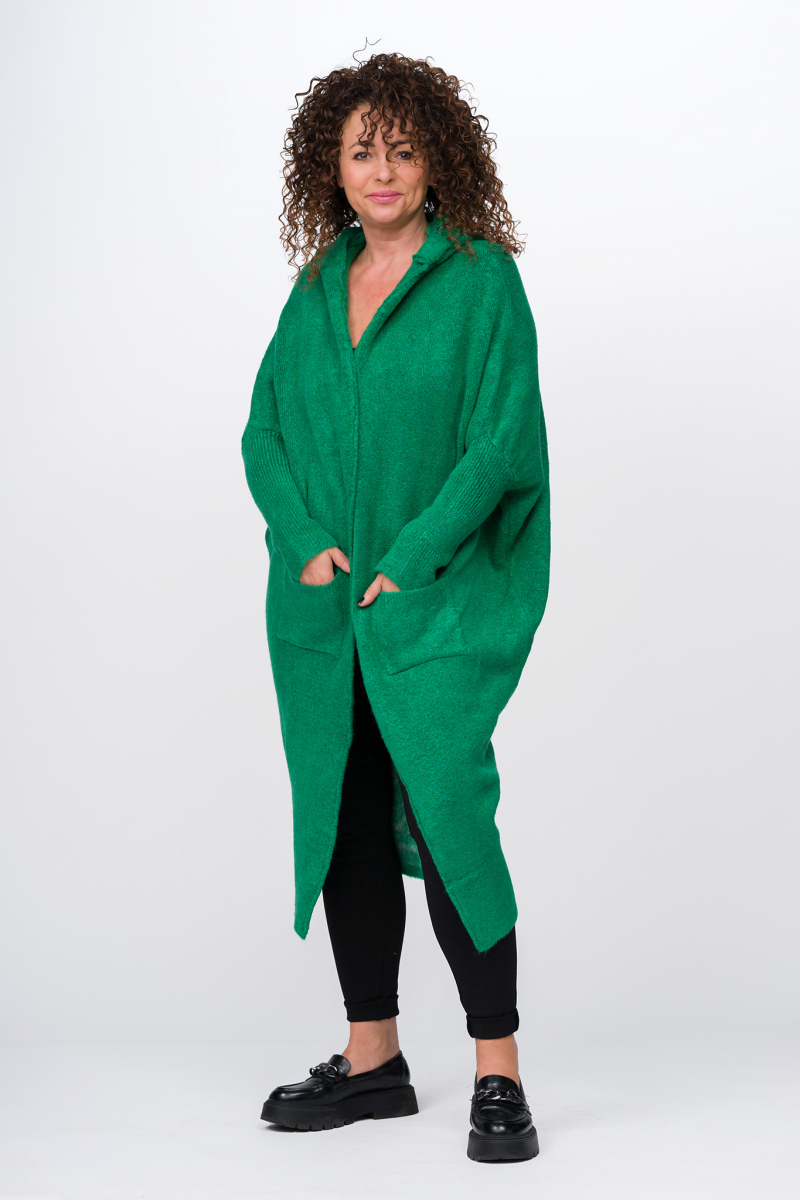 LOOK BACK - zielony długi sweter z kapturem