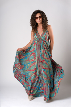 MARIKA jedwabna turkusowa - etniczna długa sukienka