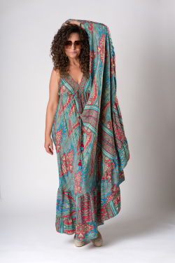 MARIKA jedwabna turkusowa - etniczna długa sukienka